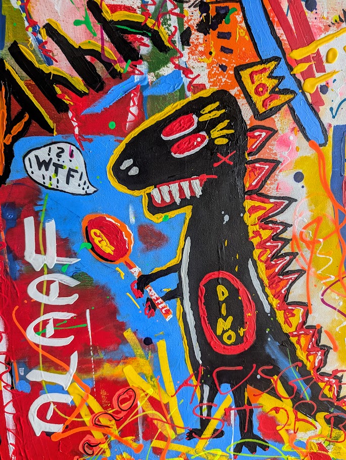 Detailansicht des Gemäldes „Die (fast) wahre Geschichte vom Aussterben der Dinosaurier“ von Jasmin Meirose. Im Vordergrund steht eine schwarze Dinofigur mit rotem Auge und gelbem Umriss, daneben der Schriftzug „WTF!?“. Das Bild ist in leuchtenden Rot-, Blau- und Gelbtönen gehalten und verbindet Humor mit Street-Art-Ästhetik.