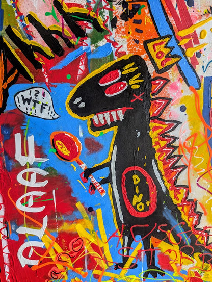 Detailansicht des Gemäldes „Die (fast) wahre Geschichte vom Aussterben der Dinosaurier“ von Jasmin Meirose. Im Vordergrund steht eine schwarze Dinofigur mit rotem Auge und gelbem Umriss, daneben der Schriftzug „WTF!?“. Das Bild ist in leuchtenden Rot-, Blau- und Gelbtönen gehalten und verbindet Humor mit Street-Art-Ästhetik.