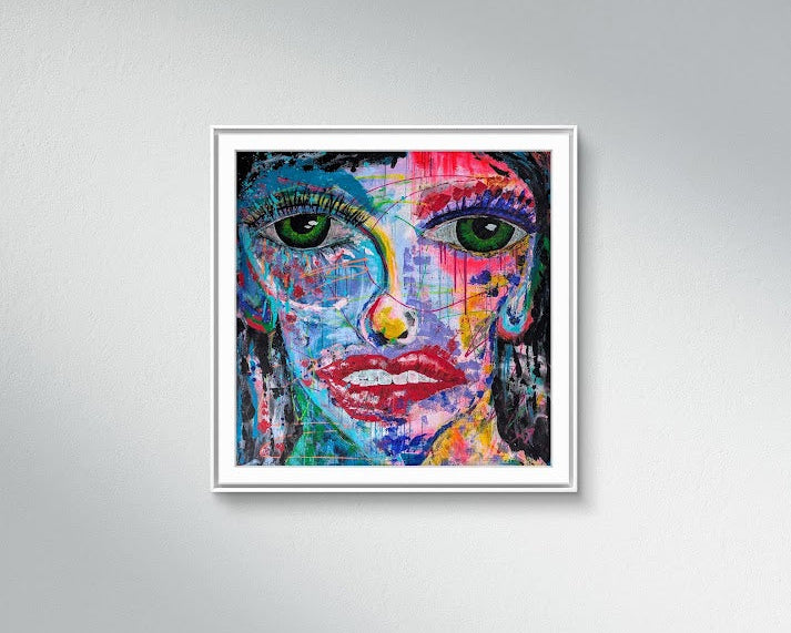 „Farbschrei“ von Jasmin Meirose, 2023 – expressives Acrylporträt aus der Serie „Paint it Loud“, zeigt Emotion, Chaos und innere Zerrissenheit in leuchtenden Farben.