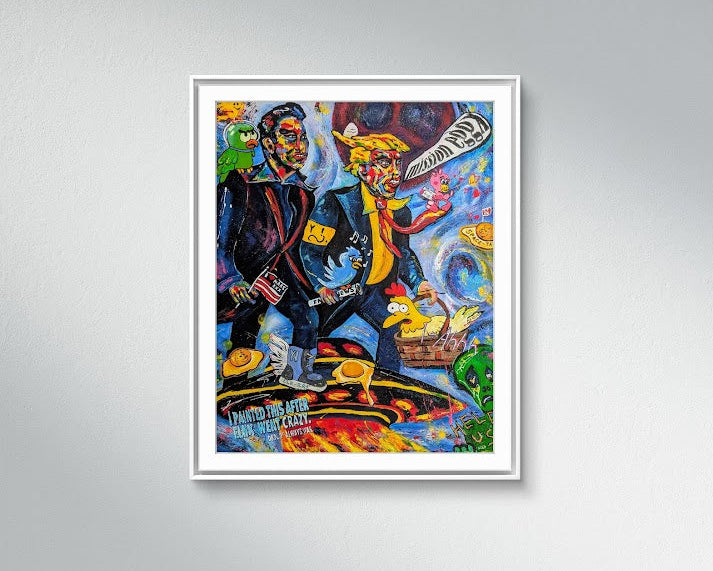 „MISSIONeggX“ von Jasmin Meirose, 2025 – satirisches Acrylgemälde aus der Serie „Paint it Loud“, zeigt ein kosmisches Machtbild zwischen Karikatur, Popkultur und Medieninszenierung.