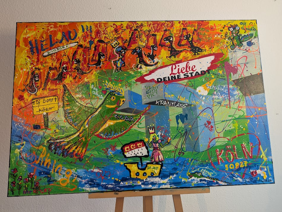 Von Löffeln, Helau und der Sehnsucht nach Köln – Acryl auf Leinwand, 80 × 120 cm