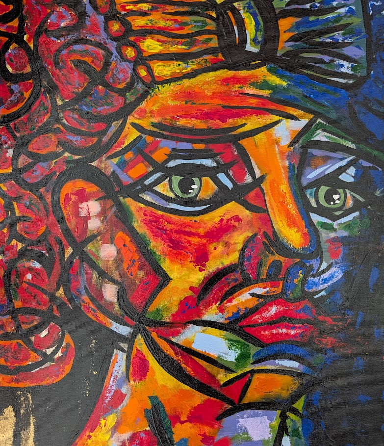 farbenstarkes Porträtgemälde von Jasmin Meirose mit abstrakten und figurativen Elementen.
