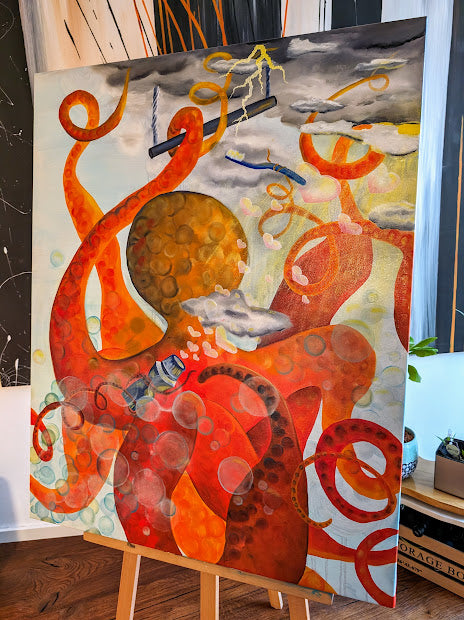 Zeitgeist ist eine surrealistische Malerei über Vergangenheit, Gegenwart und Zukunft von Jasmin Meirose