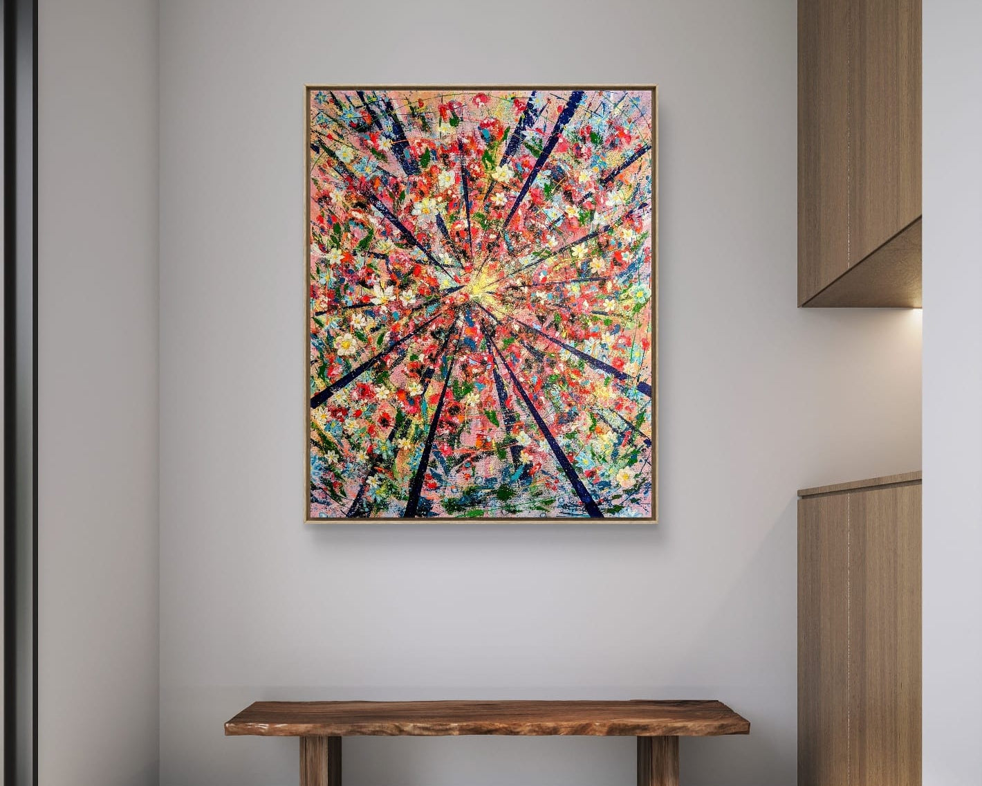 „Ankommen“ von Jasmin Meirose, 2025 – Acrylgemälde aus der Serie „Lebenswege“. Das abschließende Werk der Serie symbolisiert den Moment der inneren Ruhe nach einer Reise durch Chaos, Farbe und Bewegung. Strahlenförmige Linien führen in einen Mittelpunkt – als Sinnbild für Orientierung, Einkehr und Selbsterkenntnis. Zwischen Licht und Schatten, Struktur und Auflösung entsteht ein Gefühl von Ganzheit und Balance. „Ankommen“ lädt zur Reflexion über Veränderung, Ziel und den Weg dorthin ein – eine visuelle Medi