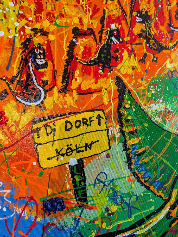 Ausschnitt mit dem Straßenschild D´dorf Köln auf einem Gemälde von Jasmin Meirose
