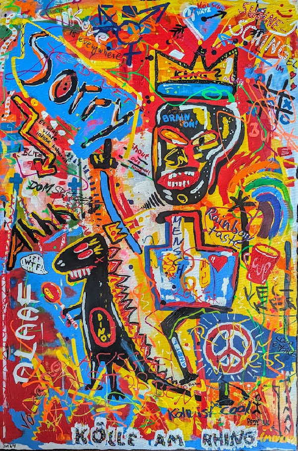 Detailaufnahme des Gemäldes „Die (fast) wahre Geschichte vom Aussterben der Dinosaurier“ von Jasmin Meirose. Ein expressives, farbintensives Mixed-Media-Werk mit grafischen Schriftzügen, Symbolen und einem schwarzen Dinosaurier auf rotem, blauem und gelbem Hintergrund.