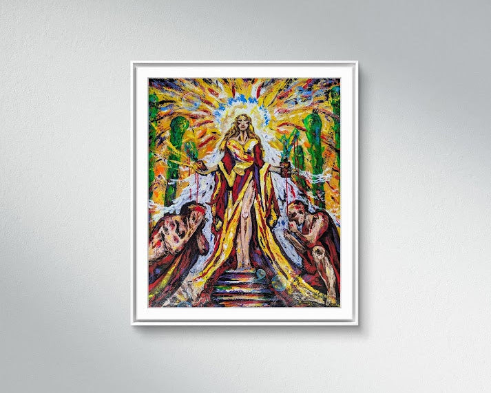 „Die Rache der Susanna“ von Jasmin Meirose, 2025 – expressives Acrylgemälde aus der Serie „Paint it Loud“, interpretiert die biblische Figur Susanna neu und zeigt ihre Verwandlung vom Opfer zur Richterin in einer kraftvollen, symbolischen Darstellung.