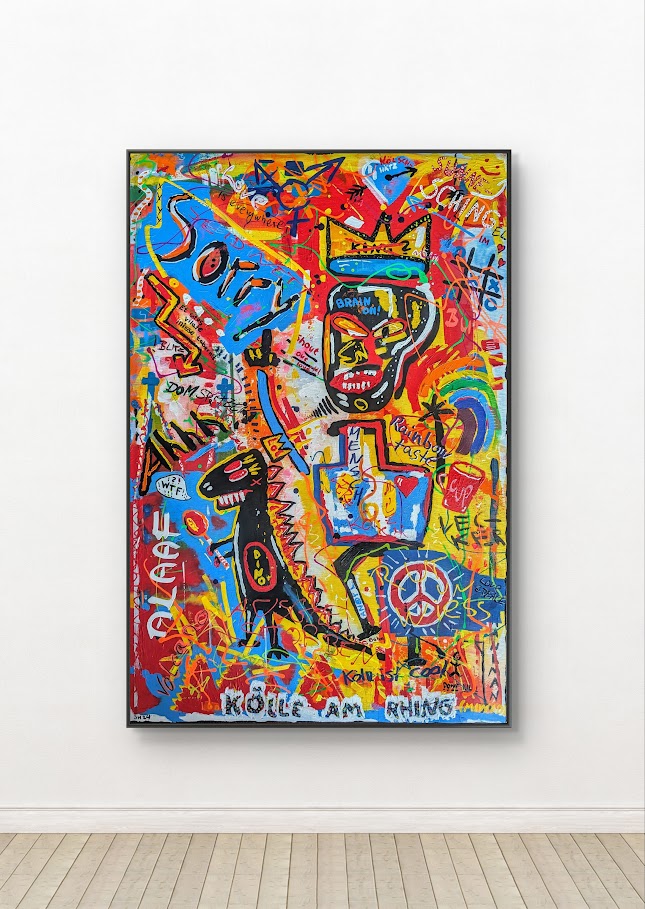 Buntes Mixed-Media-Gemälde „Die (fast) wahre Geschichte vom Aussterben der Dinosaurier“ von Jasmin Meirose, 2024. Ein farbenfrohes, comicartiges Motiv mit einem schwarzen Dinosaurier, Schriftzügen wie „Kölle am Rhing“ und „Sorry“, das auf humorvolle Weise die Legende vom Dino in Köln erzählt.