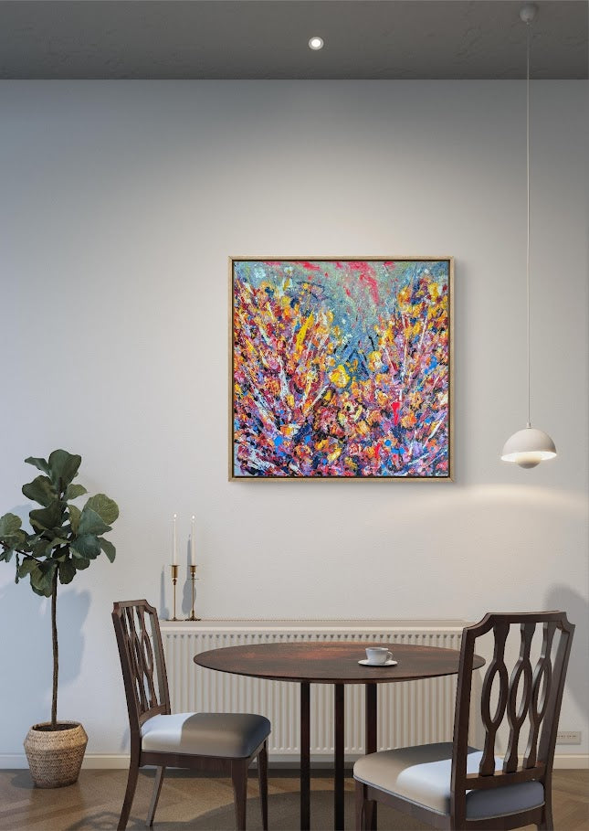 „Farbrausch des Lebens“ von Jasmin Meirose, 2025 – Acrylgemälde aus der Serie „Lebenswege“. Eine expressive Komposition aus Gelb, Pink und Blau, die das Zusammenspiel von Chaos und Schönheit in farbintensiver Bewegung zeigt. Die kräftigen, ineinanderfließenden Farbschichten tanzen, kollidieren und verschmelzen zu einem pulsierenden Ausdruck von Energie, Lebendigkeit und Lebensfreude. Das Werk symbolisiert das unvorhersehbare Auf und Ab des Lebens – voller Dynamik, Emotion und Tiefe. Teil der Serie „Lebenswe