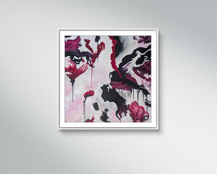 Gemälde „Fragile Balance“ von Jasmin Meirose – Acryl auf Leinwand, 2025. Abstrakte Komposition in Schwarz, Rot und Weiß aus der Serie „Paint it Loud“. Ausdruck von Spannung, Zerbrechlichkeit und emotionalem Gleichgewicht.