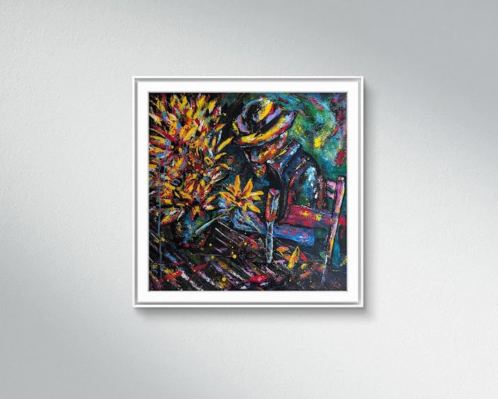 Gemälde „It+s up to you“ von Jasmin Meirose – Acryl auf Leinwand, 2025. Ausdrucksstarke Darstellung einer sitzenden Figur umgeben von leuchtend gelben und orangen Blüten. Dynamische Pinselstriche und kräftige Farben symbolisieren Wachstum, inneren Frieden und den Kreislauf des Lebens.