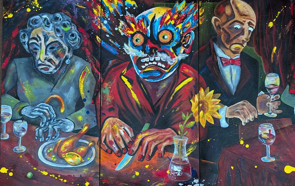 „Dinner for (every)one – ein Anti-Abendmahl“, Acryl-Triptychon von Jasmin Meirose, 2025. Drei farbintensive Figuren an einem Tisch in expressiver Darstellung. Kontrastreiche, surreale Szene mit Symbolik zu Isolation, Überfluss und gesellschaftlicher Leere.