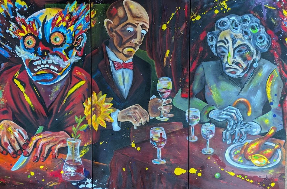 „Dinner for (every)one – ein Anti-Abendmahl“, Triptychon von Jasmin Meirose, 2025. Acryl auf Leinwand, drei Tafeln à 40×80 cm. Ausdrucksstarkes, satirisches Werk mit grotesken Figuren an einem gedeckten Tisch – eine symbolische Darstellung von Einsamkeit, Ritual und gesellschaftlicher Entfremdung.