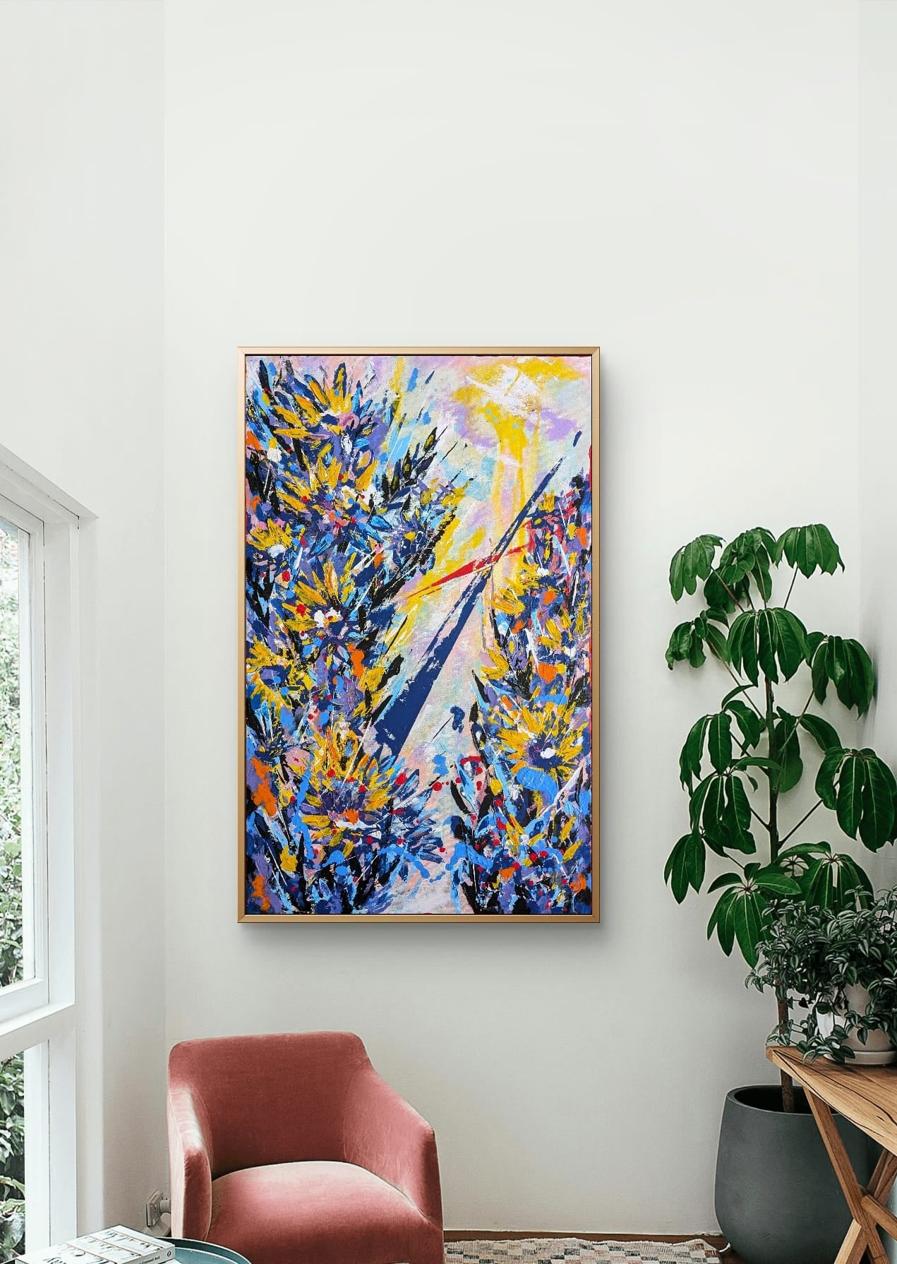 „Kreuzung der Wege“ von Jasmin Meirose, 2023 – großformatiges Acrylgemälde aus der Serie „Lebenswege“. Leuchtendes Gelb, Blau und Orange verschmelzen in dynamischen Linien zu einem Bild von Begegnung und Veränderung. Das Werk symbolisiert den Moment, in dem sich Lebenspfade kreuzen – Chaos und Aufbruch zugleich, voller Bewegung, Emotion und Neubeginn.