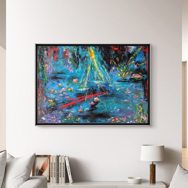 „Licht und Schatten“ von Jasmin Meirose, 2025 – Acrylgemälde aus der Serie „Lebenswege“. Ein stilles, tiefes Bild, in dem leuchtendes Blau und dunkle Schichten ein poetisches Gleichgewicht bilden. Ein roter Akzent durchbricht die Stille, wie ein Moment der Klarheit im Unbekannten. Das Werk spiegelt das Spannungsfeld zwischen Hoffnung und Zweifel, Bewegung und Ruhe, Oberfläche und Tiefe wider. Eine visuelle Meditation über das Leben zwischen Hell und Dunkel – über Übergänge, Wandlung und das Unausgesprochene