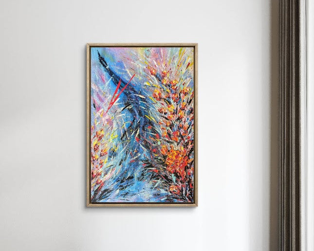 „Nord-Süd-Fahrt“ von Jasmin Meirose, 2025 – Acrylgemälde aus der Serie „Lebenswege“. Ein dynamisches Spiel aus leuchtendem Blau, intensiven Rottönen und warmem Orange entfaltet sich zu einer kraftvollen Komposition voller Energie und Bewegung. Linien kreuzen sich wie Wege, die Gegensätze verbinden – Himmel und Erde, Anfang und Ende, Heimat und Aufbruch. Das Werk symbolisiert Orientierung, Wandel und die Suche nach innerer Richtung. Teil der Serie „Lebenswege“ – eine künstlerische Erkundung von Bewegung, Emo