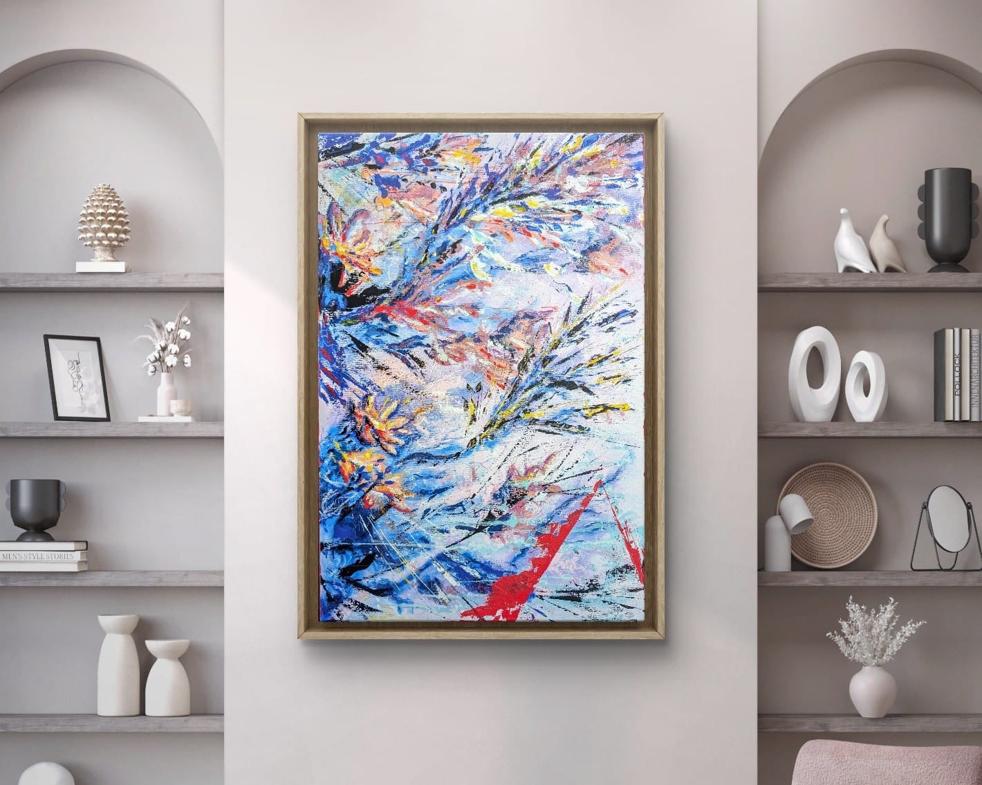 „Pfad der Harmonie“ von Jasmin Meirose, 2023 – abstraktes Acrylgemälde aus der Serie „Lebenswege“, zeigt ein dynamisches Spiel aus Formen und Farben zwischen Chaos und Struktur. Ein roter Faden symbolisiert Orientierung und Balance im Fluss des Lebens.