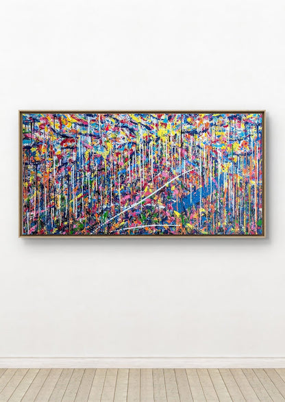 Symphonie des Zufalls, abstrakte zeitgenössische Kunst von Jasmin Meirose. Großformatiges, farbintensives Gemälde mit vielschichtigen Farbspuren, vertikalen Strukturen und spontanen Kompositionselementen.